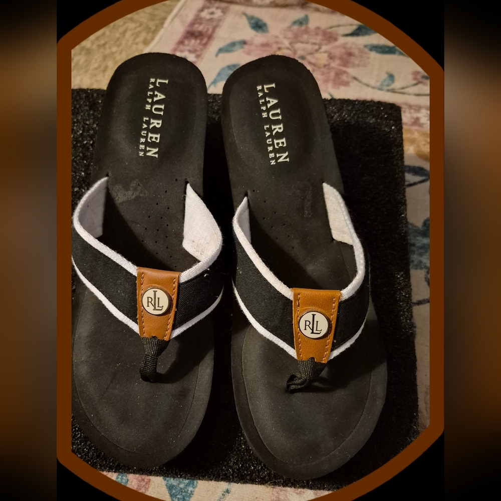 Lauren Ralph Lauren 'Jane Thong Wedge Platform Sandals w/ Leather Upper & Logo